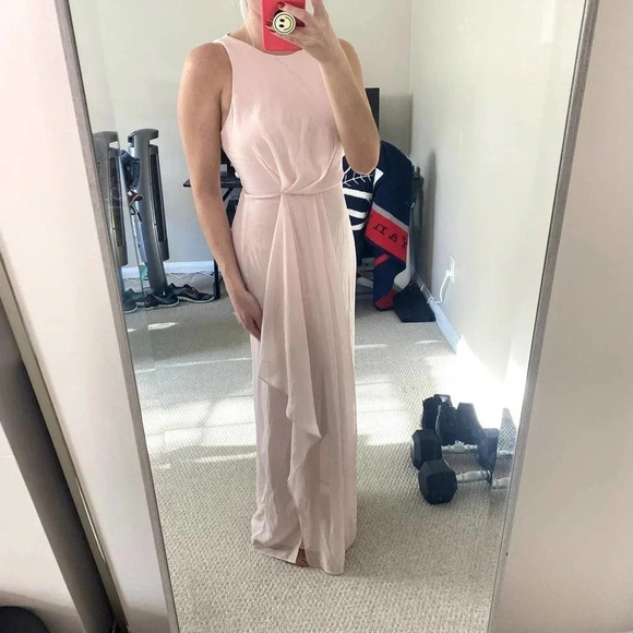 After Six Blush High Neck Chiffon Draped Front Slit Style 6818 Bridesmaid Dress - Picture 3 of 15